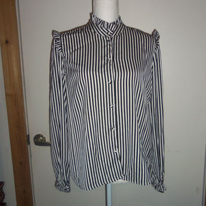 Striped Long Sleeve Silky Ruffle Blouse L